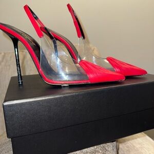 Sanit Laurent YSL Authentic Red Pointed Clear Slingback Stiletto Heels - Women